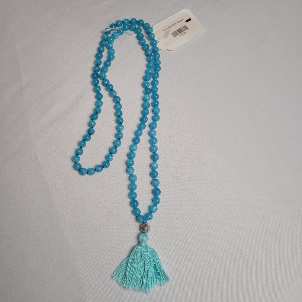 Blue Agate Mala Prayer Beads Necklace With Tassel